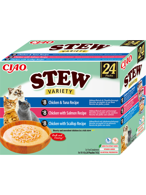 INABA Cat Ciao Stew - karma uzupełniająca dla kota o smaku kurczaka, tuńczyka, łososia i przegrzebek 24x40g