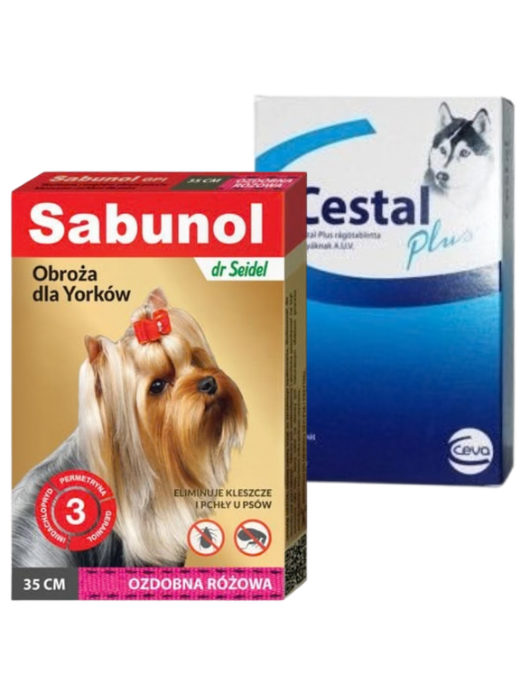 Sabunol ozdobna różowa obroża przeciw pchłom i kleszczom dla psa 35 cm+ Cestal Dog Plus tabletki na odrobaczanie psów 2 sztuki