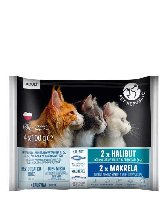 PetRepublic Flow Pack karma mokra dla kota saszetki halibut i makrela 4x100g