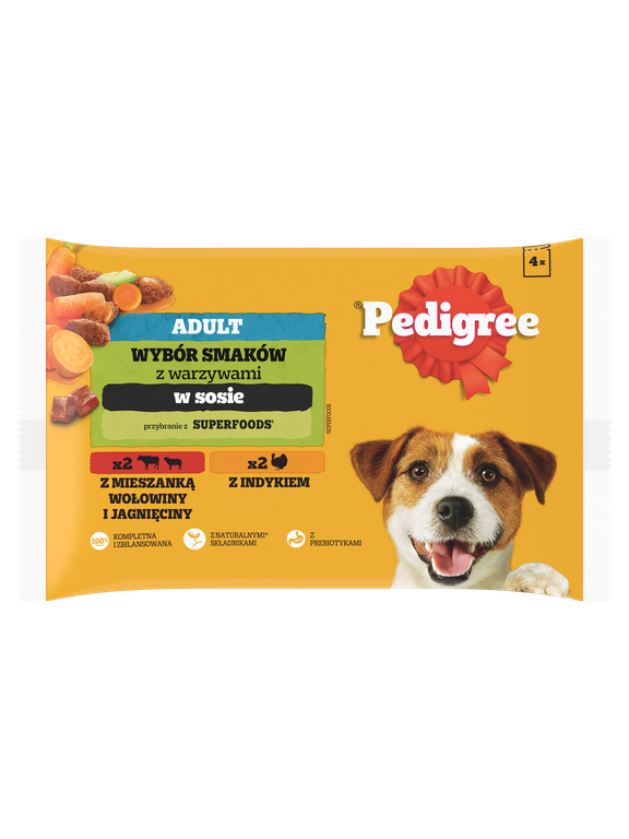 PEDIGREE Adult saszetka 4x100 g - Wybór Smaków z Marchewką w Sosie, mokra karma pełnoporcjowa dla dorosłych psów (kawałki bogate w mieszankę wołowiny i jagnięciny oraz kawałki bogate w indyka)