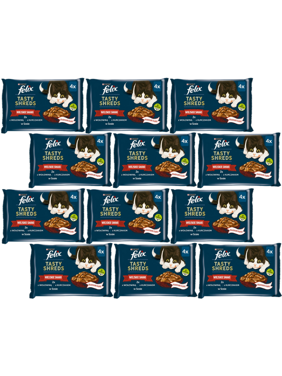 FELIX Tasty Shreds Karma dla dorosłych kotów wiejskie smaki w sosie 12x(4x80g)