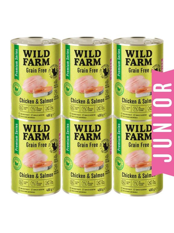 WILD FARM Premium Grain Free Chicken and Salmon Junior 6x400g  - bezzbożowa karma dla kociąt