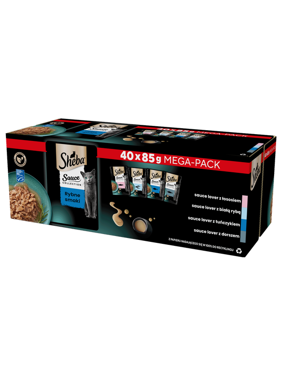 SHEBA Sauce Collection Rybne Smaki saszetki 40x85 g – mokra karma pełnoporcjowa dla dorosłych kotów, w sosie