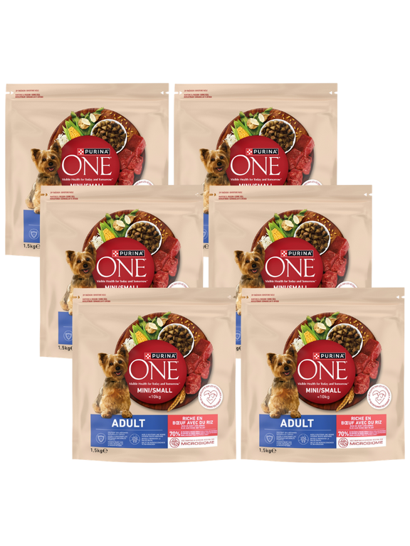 Purina One Adult Mini/Small Karma dla dorosłych psów bogata w wołowinę z ryżem 6x1,5 kg