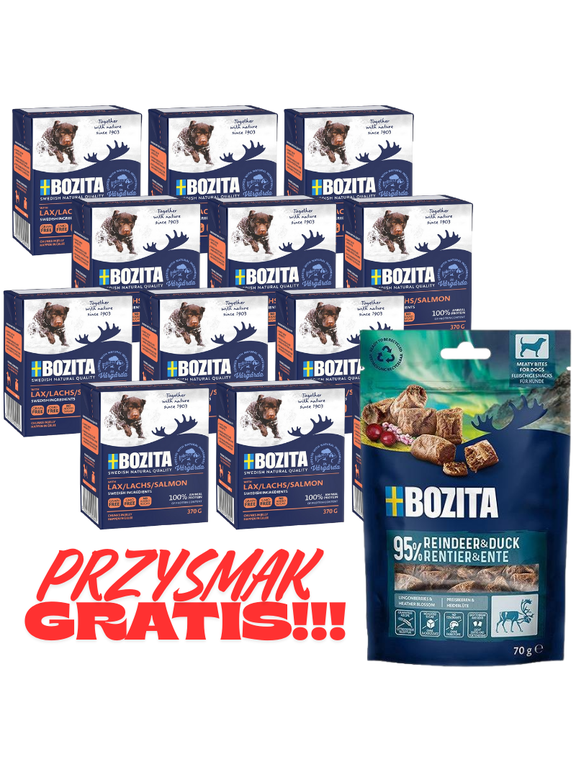 BOZITA Dog: Łosoś w galarecie 12x370g + BOZITA Meaty Bites renifer z kaczką przysmak pies 70g GRATIS!!!