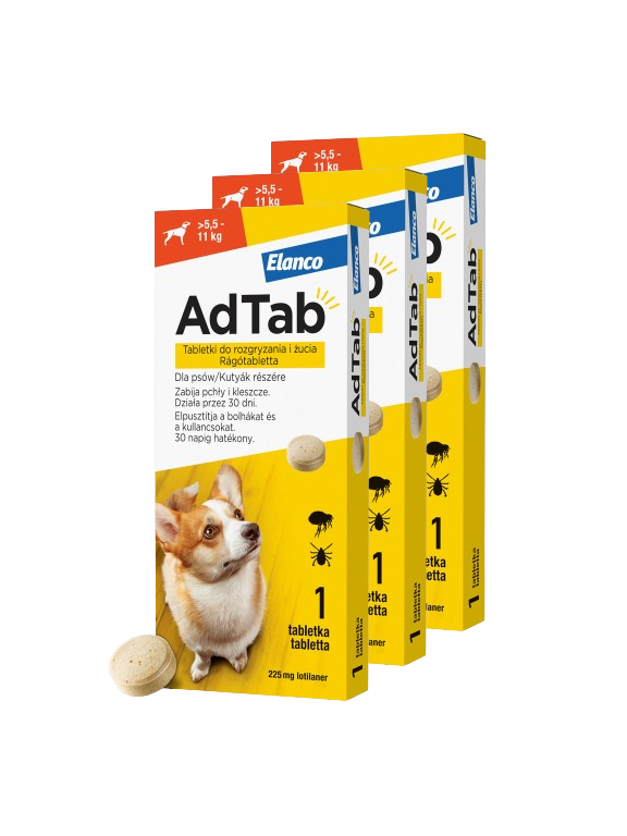 ELANCO 3xAdTab 225mg tabletki na pchły i kleszcze dla psów >5,5 - 11 kg