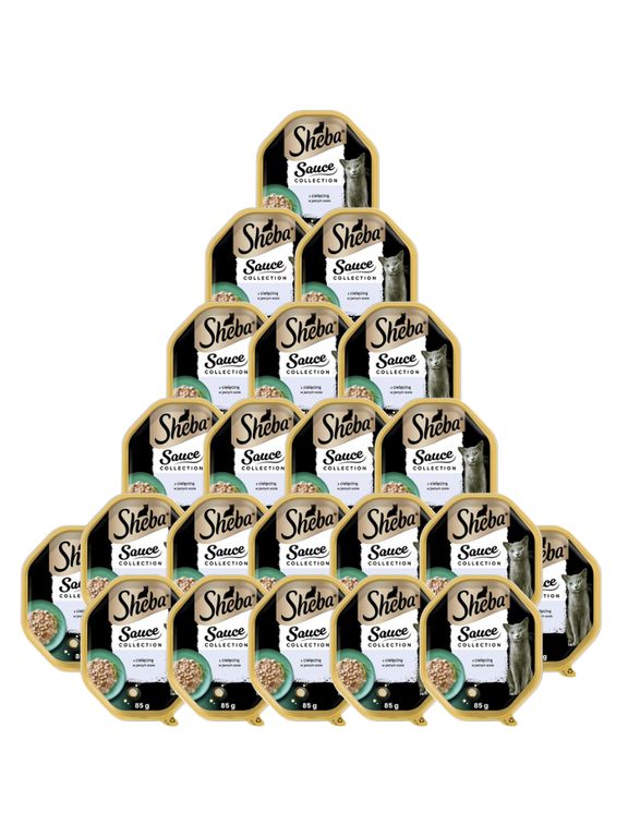 SHEBA Sauce Collection tacka 22x85g – mokra karma pełnoporcjowa dla dorosłych kotów, kawałki z cielęciną, w sosie