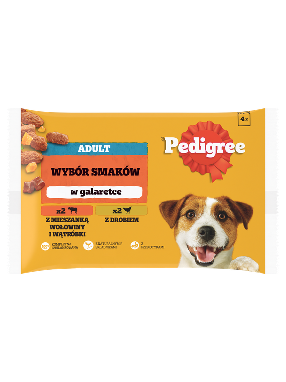 PEDIGREE Adult saszetka 4x100 g - Wybór Smaków w Galaretce, mokra karma pełnoporcjowa w galaretce dla dorosłych psów (kawałki bogate w mieszankę wołowiny i wątróbki oraz kawałki bogate w drób)