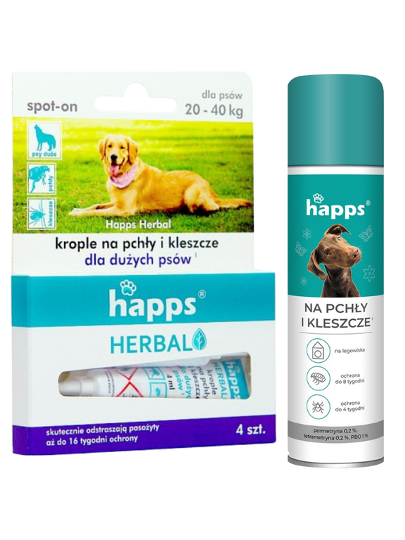 HAPPS Herbal - krople na pchły i kleszcze dla dużych psów 20-40kg + HAPPS -Aerozol na pchły i kleszcze 250ml