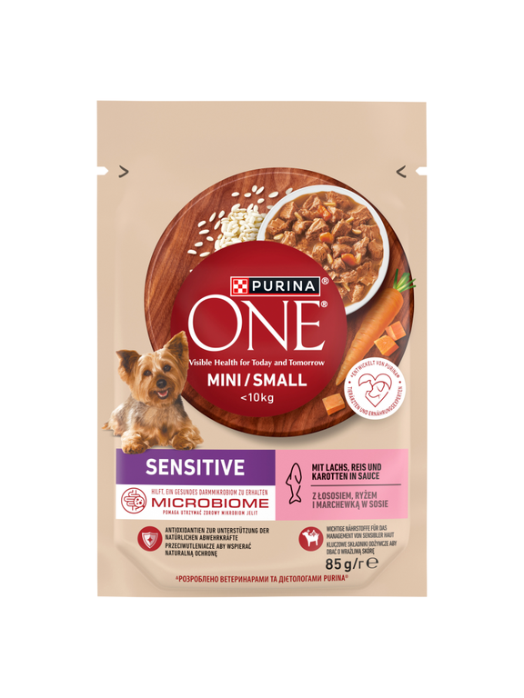 PURINA ONE Sensitive Mini/Small Karma dla dorosłych psów z łososiem i ryżem i marchewką w sosie 85g