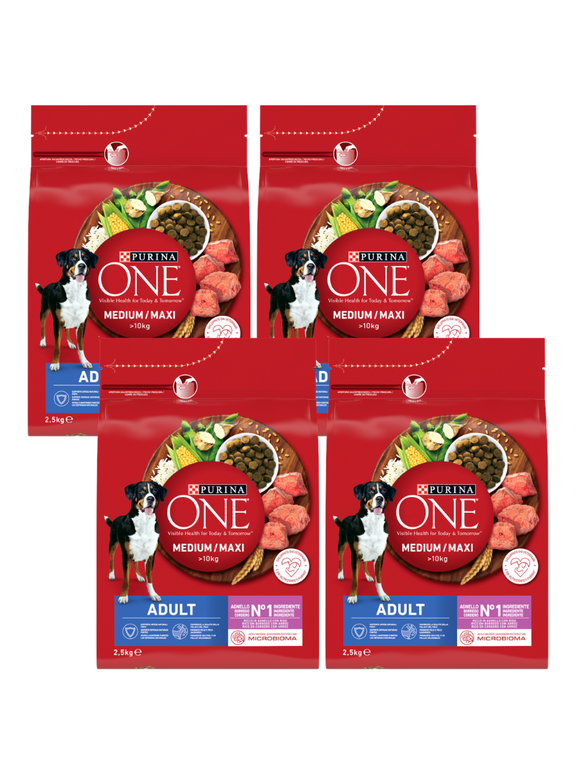 PURINA ONE Adult Medium/Maxi Karma dla dorosłych psów bogata w jagnięcinę z ryżem 4x2,5 kg