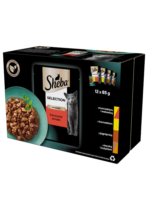 SHEBA saszetka 12x85g Selection in Sauce Soczyste Smaki - mokra karma dla kotów w sosie (z wołowiną, z jagnięciną, z kurczakiem, z indykiem)