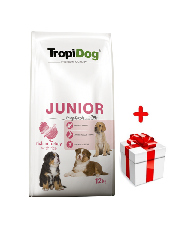TROPIDOG Premium Junior L bogaty w indyka i ryż 12kg + niespodzianka dla psa GRATIS!