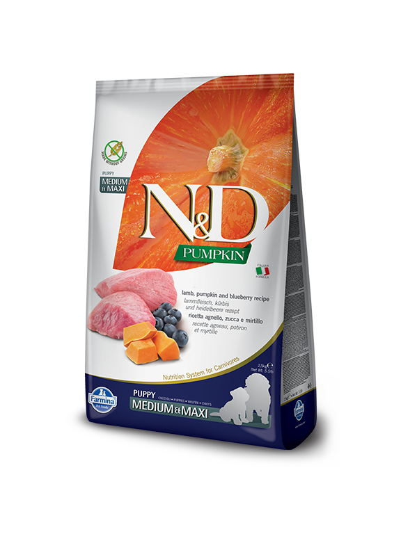 Farmina N&D Pumpkin Grain Free canine LAMB & BLUEBERRY PUPPY MEDIUM & MAXI 12kg / opakowanie uszkodzone!!! (8833,9355)