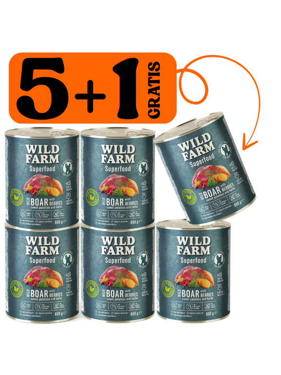 WILD FARM Superfood Wild Boar (Dziczyzna z batatami, jagodami i ziołami) 5x800g + 800g GRATIS bezzbożowa karma dla psa