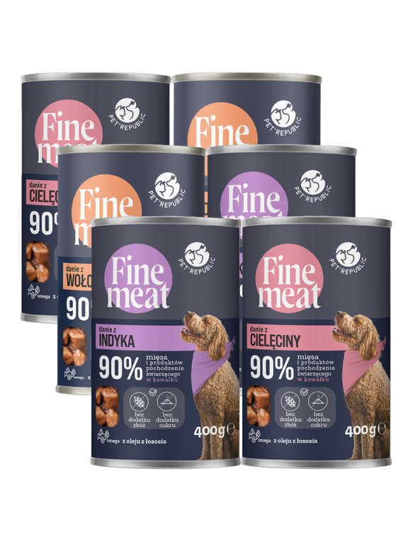 PetRepublic Fine Meat danie z cielęciny/indyka/wołowiny 6x400g (90% mięsa w kawałku) dla psa