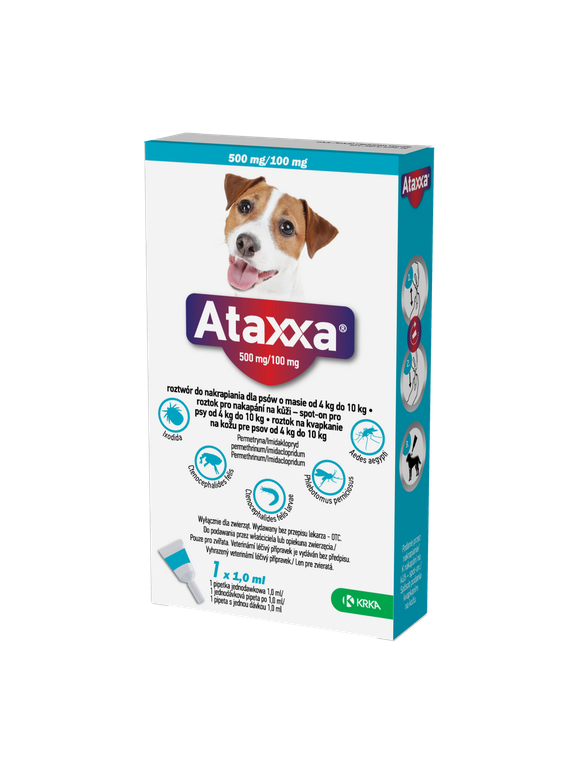 KRKA Ataxxa 500 mg/100 mg roztwór do nakrapiania dla psów o masie od 4 kg do 10 kg