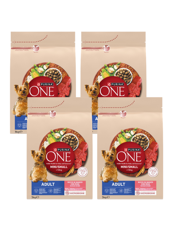 PURINA ONE Adult Mini/Small Karma dla dorosłych psów bogata w wołowinę z ryżem 4x3 kg