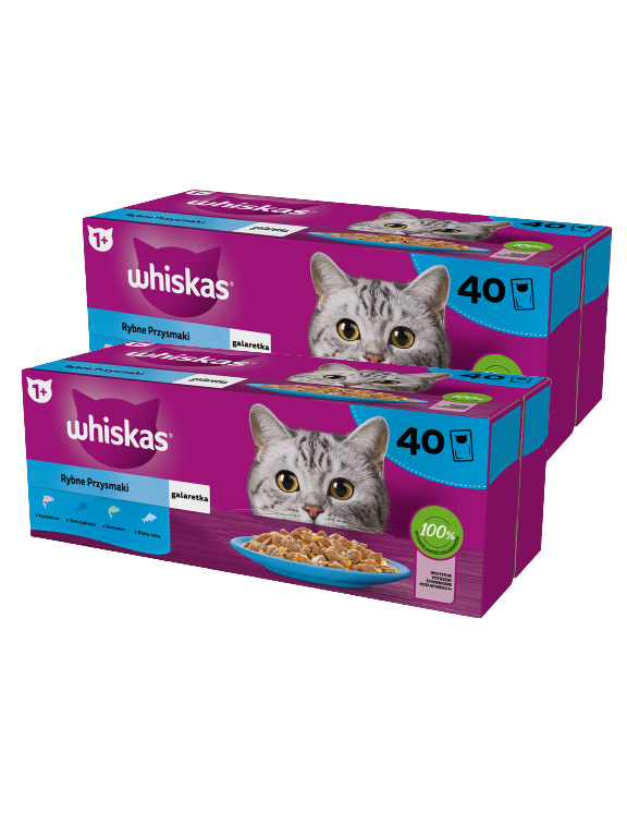 WHISKAS Adult saszetki 80 x 85 g Rybne Przysmaki - mokra karma dla dorosłego kota, w galaretce (kawałki z: łososiem, tuńczykiem, dorszem, białą rybą)