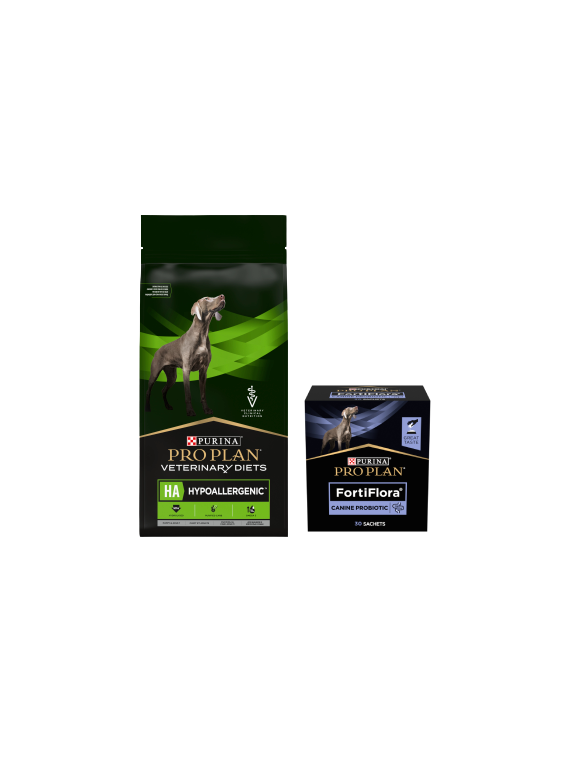 PRO PLAN Veterinary Diets  HA Hypoallergenic Karma sucha dla psa 11kg+ PRO PLAN FortiFlora Suplement probiotyczny dla psa 30 x 1 g