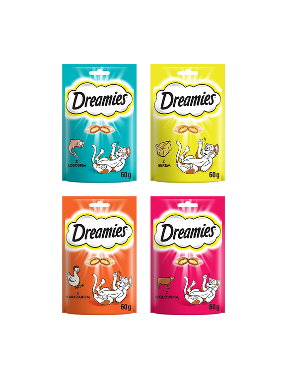 DREAMIES mega zestaw mix przysmaków dla kota 16x60g (kurczak, łosoś, ser, wołowina)
