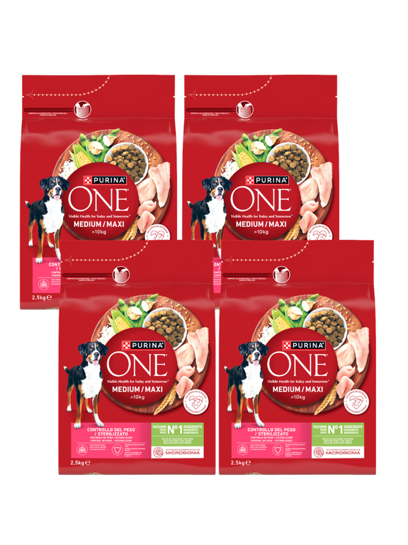 PURINA ONE Weight Control/Sterilized Medium/Maxi Karma dla psów bogata w indyka z ryżem 4x2,5 kg