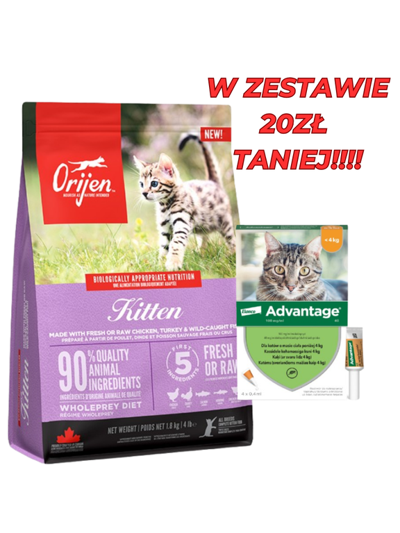 ORIJEN Kitten 1,8kg + Advantage - dla kotów (0,4mlx4) *roztwór* blister