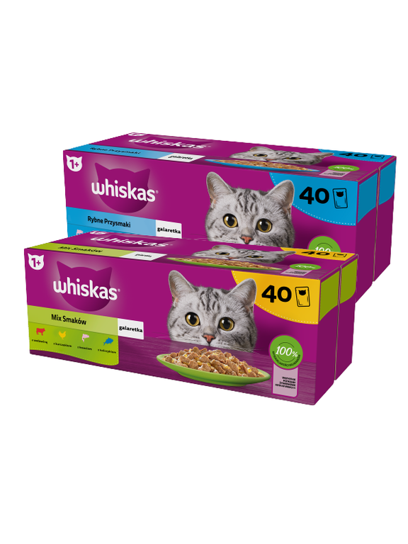 WHISKAS Adult saszetki 40 x 85 g Mix Smaków - mokra karma dla dorosłego kota, w galaretce + WHISKAS Adult saszetki 40 x 85 g Rybne Przysmaki