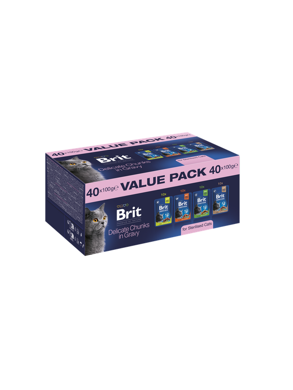 Brit Premium by Nature Cat Value Pack for Adult Sterilised Cats 40x100g (Delicate Chunks in Gravy)