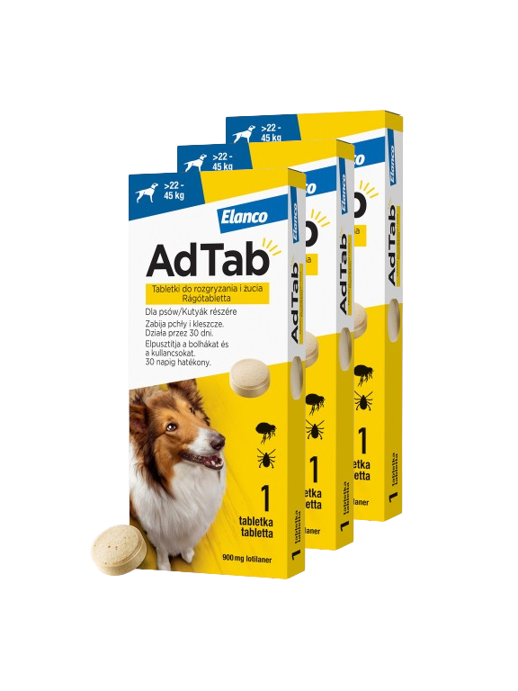ELANCO 3xAdTab 900mg tabletki na pchły i kleszcze dla psów >22 - 45 kg