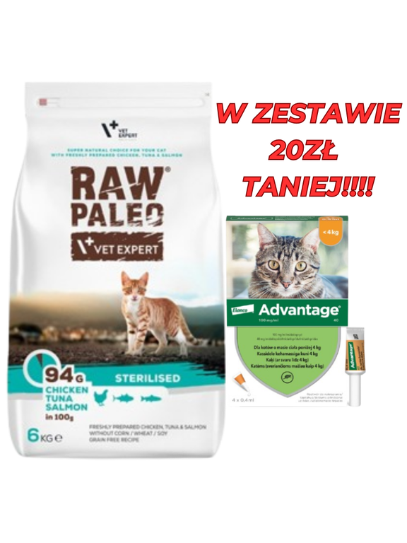 Vetexpert Raw Paleo Sterilised Cat 6kg + Advantage - dla kotów (0,4mlx4) *roztwór* blister