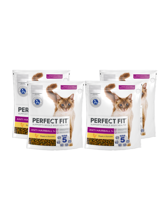 Perfect Fit™ Anti-hairball 1+, 4x750 g – sucha karma pełnoporcjowa dla kotów, bogata w kurczaka