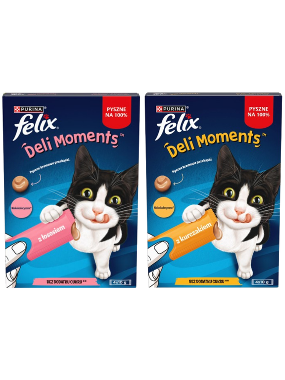 Felix Deli Moments Kremowe przekąski dla kotów z kurczakiem/ z łososiem  2x(4x10g)