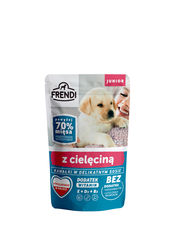 Frendi- Junior, Kawałki w delikatnym sosie z cielęciną dla psa 100g