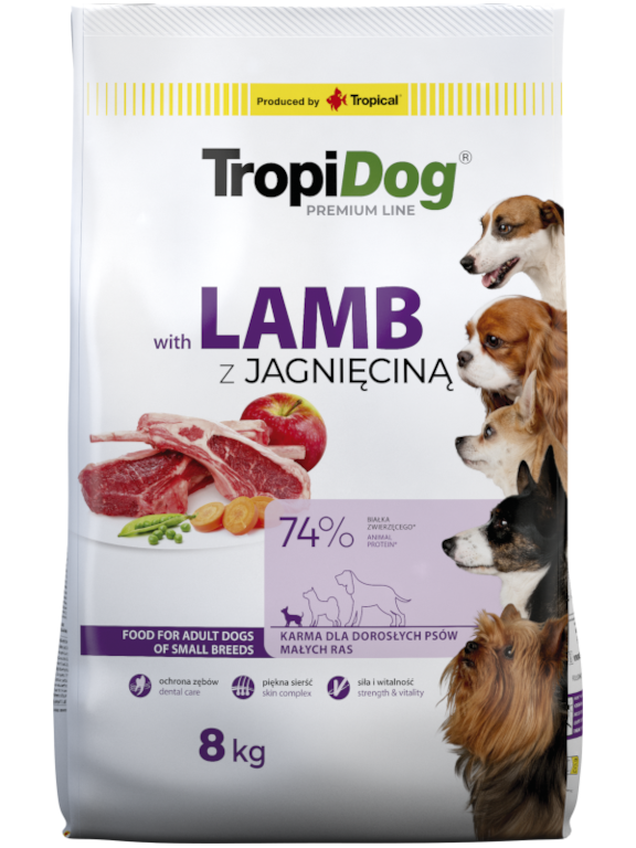 TROPIDOG Premium Adult Small Breeds z jagnięciną i ryżem 8kg