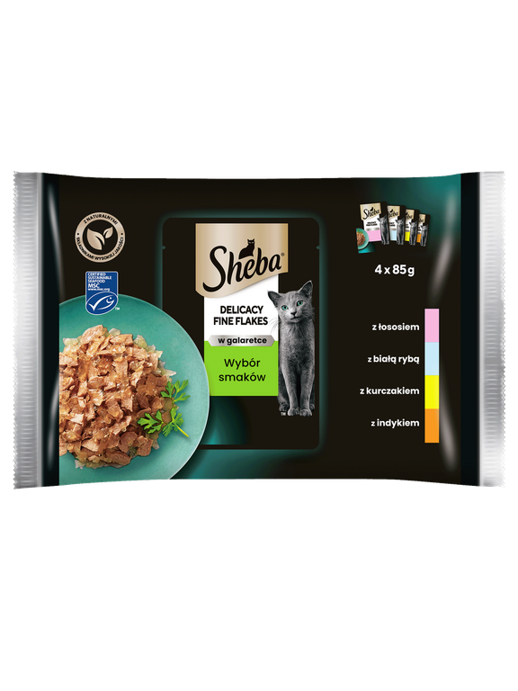 SHEBA Delicacy Fine Flakes Wybór Smaków saszetki 4x85 g – mokra karma pełnoporcjowa dla dorosłych kotów, w galaretce (kawałki z: łososiem, białą rybą, kurczakiem, indykiem)