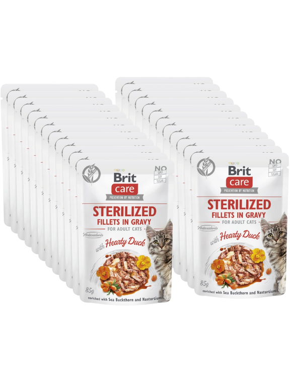 BRIT CARE Cat Sterilized Fillets in Gravy with Hearty Duck Enriched with Sea Buckthorn and Nasturtium 24x85g