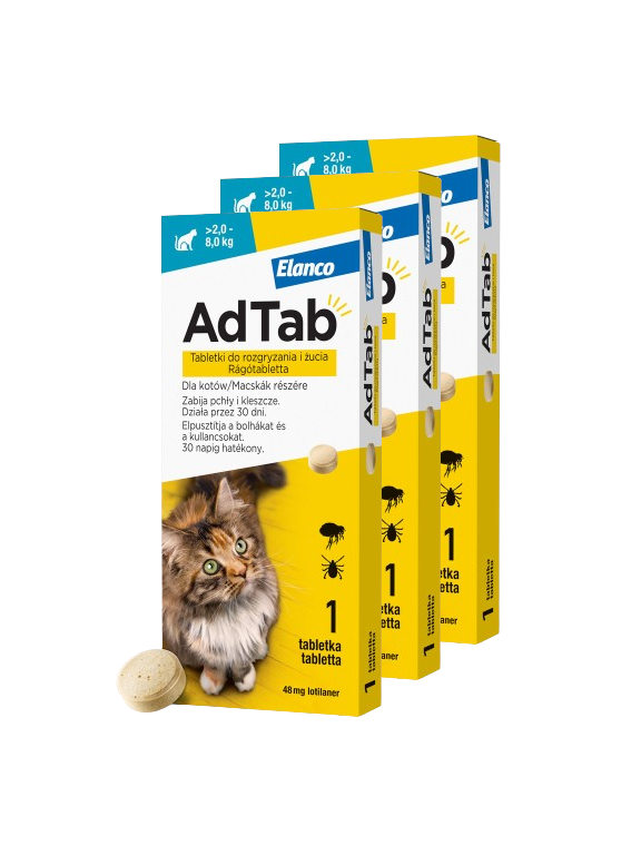 ELANCO 3xAdTab 48mg tabletki na pchły i kleszcze dla kotów >2-8 kg