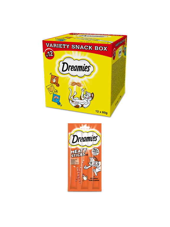 DREAMIES™ Variety Snack Box – karma uzupełniająca dla kotów (z kurczakiem, z serem i o smaku łososia) - 12x60g + DREAMIES 30g – karma uzupełniająca dla dorosłych kotów, z pysznym kurczakiem GRATIS