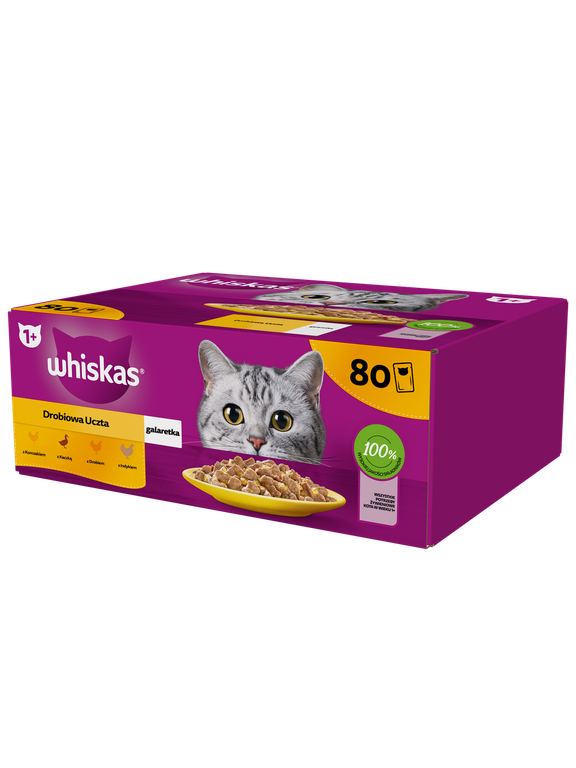 WHISKAS Adult saszetka 80 x 85 g Drobiowa Uczta - mokra karma dla dorosłego kota, w galaretce (kawałki z: kurczakiem, kaczką, drobiem, indykiem)