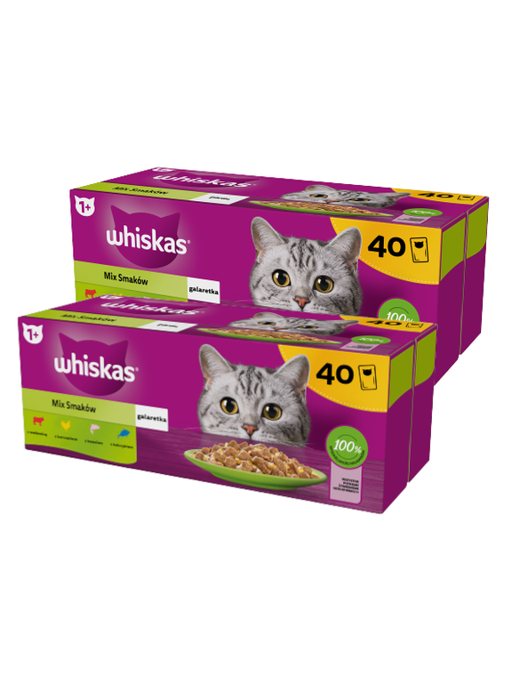WHISKAS Adult saszetki 80 x 85 g Mix Smaków - mokra karma dla dorosłego kota, w galaretce (kawałki z: wołowiną, kurczakiem, łososiem, tuńczykiem)