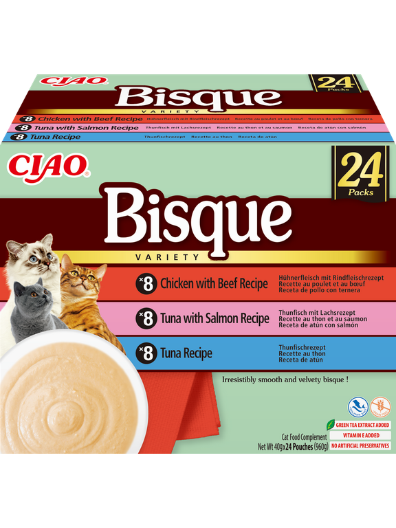 INABA Cat Ciao Bisque - karma uzupełniająca dla kota zupa krem z kurczakiem, wołowiną, tuńczykiem i łososiem 24x40g
