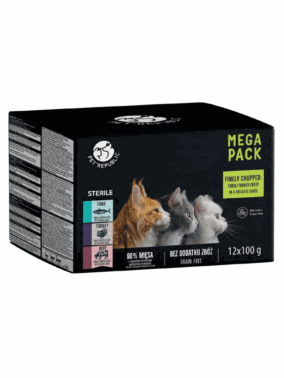 PetRepublic karma mokra dla kota po sterylizacji kawałki w delikatnym sosie MIX 3 smaków 12x100g