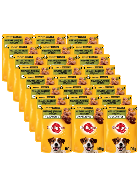 PEDIGREE Adult saszetka 24x100 g - mokra karma pełnoporcjowa, kawałki bogate w mieszankę jagnięciny i wątróbki w galaretce dla dorosłych psów