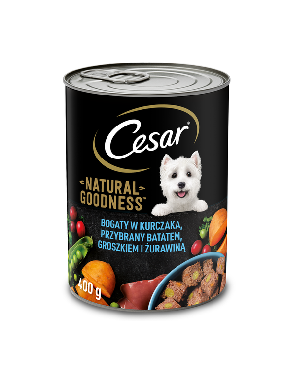 CESAR puszka 400g - mokra karma pełnoporcjowa dla dorosłych psów bogata w kurczaka, przybrana batatem, groszkiem i żurawiną