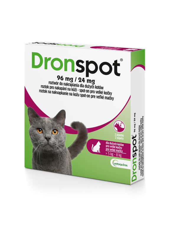 VETOQUINOL Dronspot Roztwór Do Nakrapiania Dla Dużych Kotów od 5kg do 8kg 30mg/7,5mg (2x1,12ml)