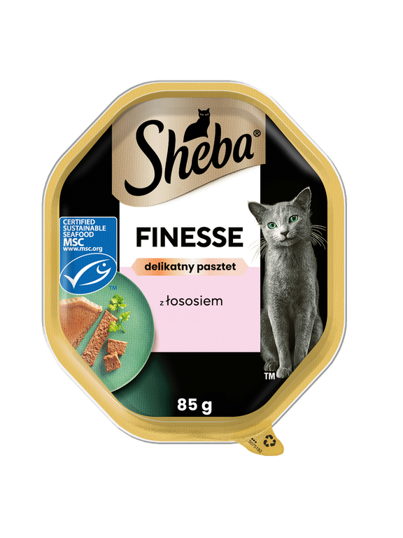 SHEBA Finesse tacka 85 g – mokra karma pełnoporcjowa dla dorosłych kotów, z łososiem, w pasztecie