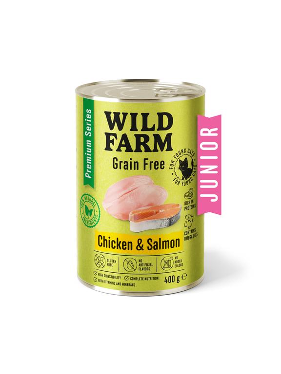 WILD FARM Premium Grain Free Chicken and Salmon Junior 400g  - bezzbożowa karma dla kociąt
