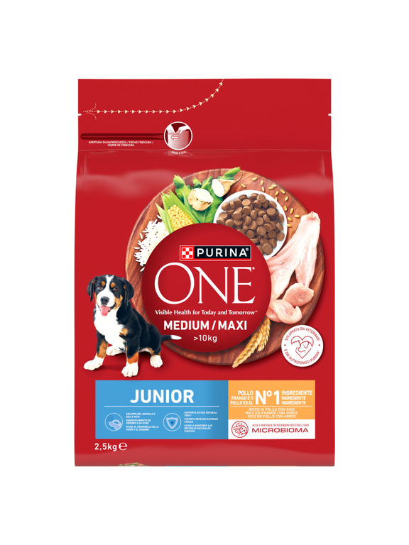 PURINA ONE Junior Medium/Maxi Karma dla szczeniąt bogata w kurczaka z ryżem 2,5 kg