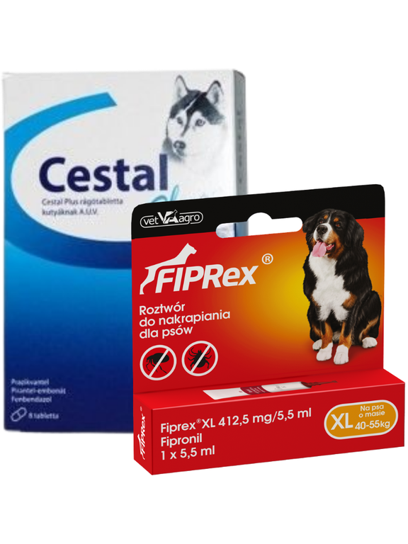 Cestal Dog Plus tabletki na odrobaczanie psów 2 sztuki+ Fiprex XL, 412,5 mg/5,5 ml, roztwór do nakrapiania dla psów